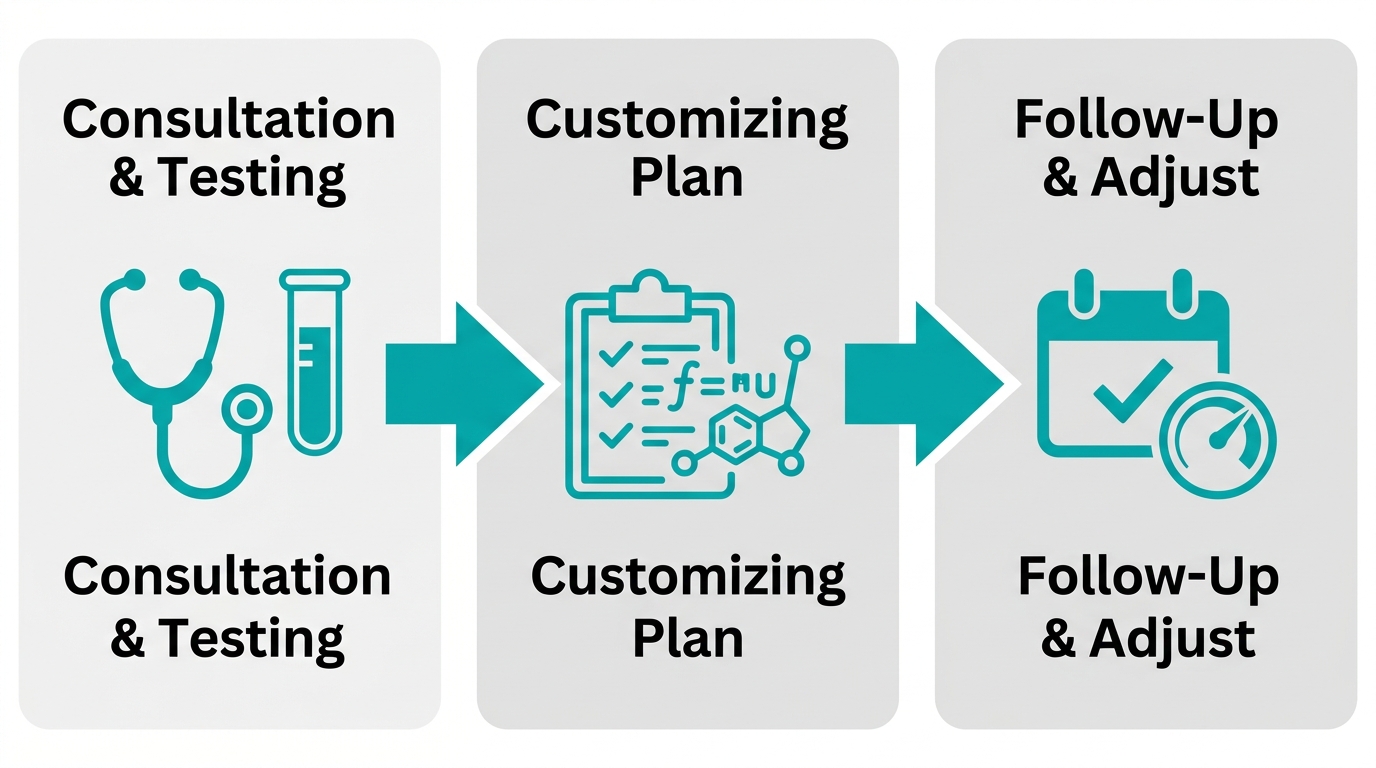 Horizontal three-step process flow for bioidentical hormone therapy showing consultation testing, customizing plan, and follow-up adjust stages