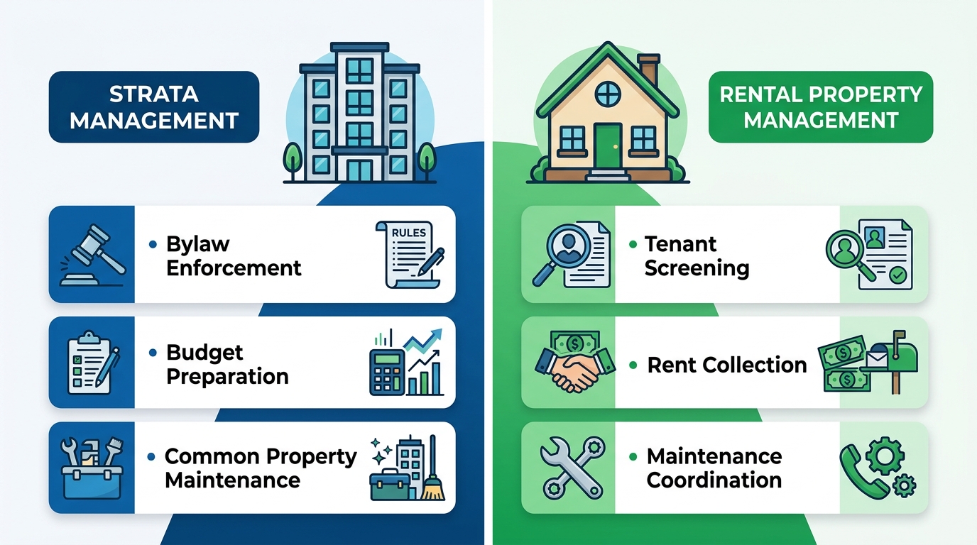 Infographic contrasting strata management and rental property management in New Westminster, blue and green color-coded sections for each service type