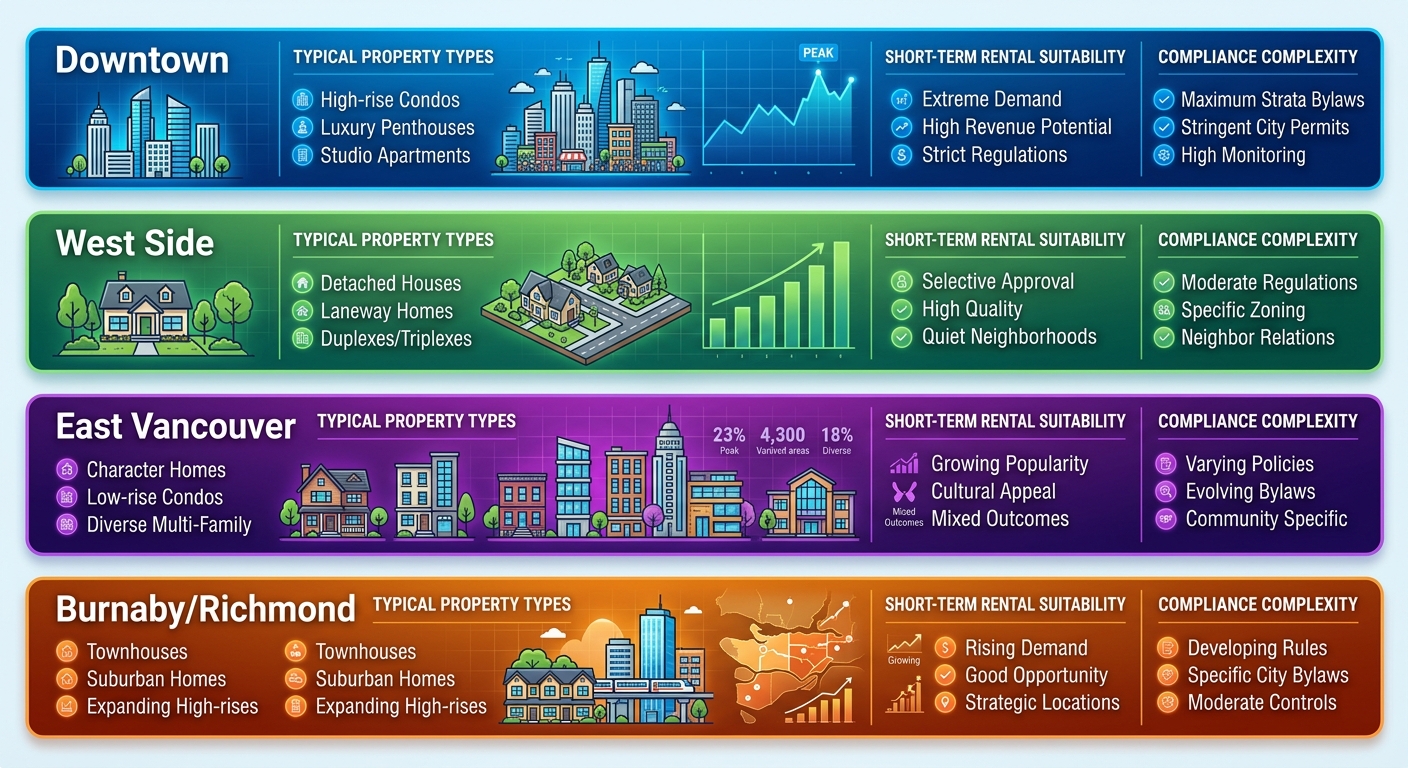 Infographic of Vancouver property market panels for Downtown, West Side, East Vancouver, and Burnaby/Richmond with demand color coding