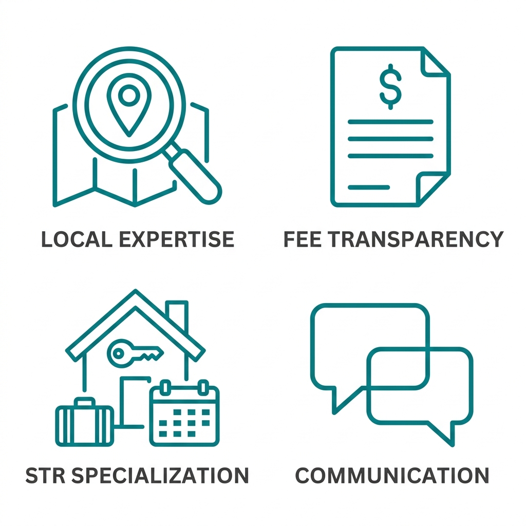 A 2x2 grid of teal outline icons on a white background, each representing a key decision factor: magnifying glass over map, open contract with dollar sign, rental property, and speech bubbles, with dark grey labels below each icon.