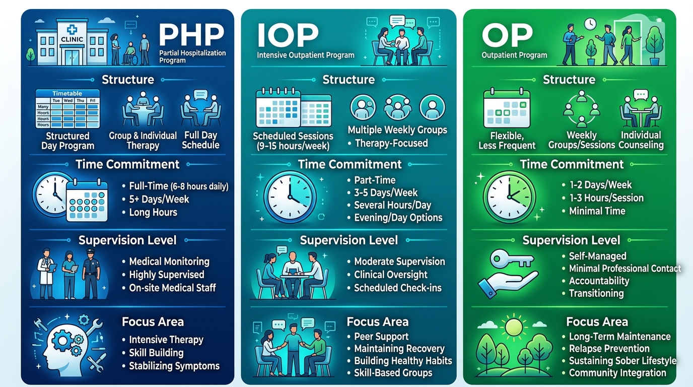 Infographic comparing PHP, IOP, and OP levels of care for addiction treatment