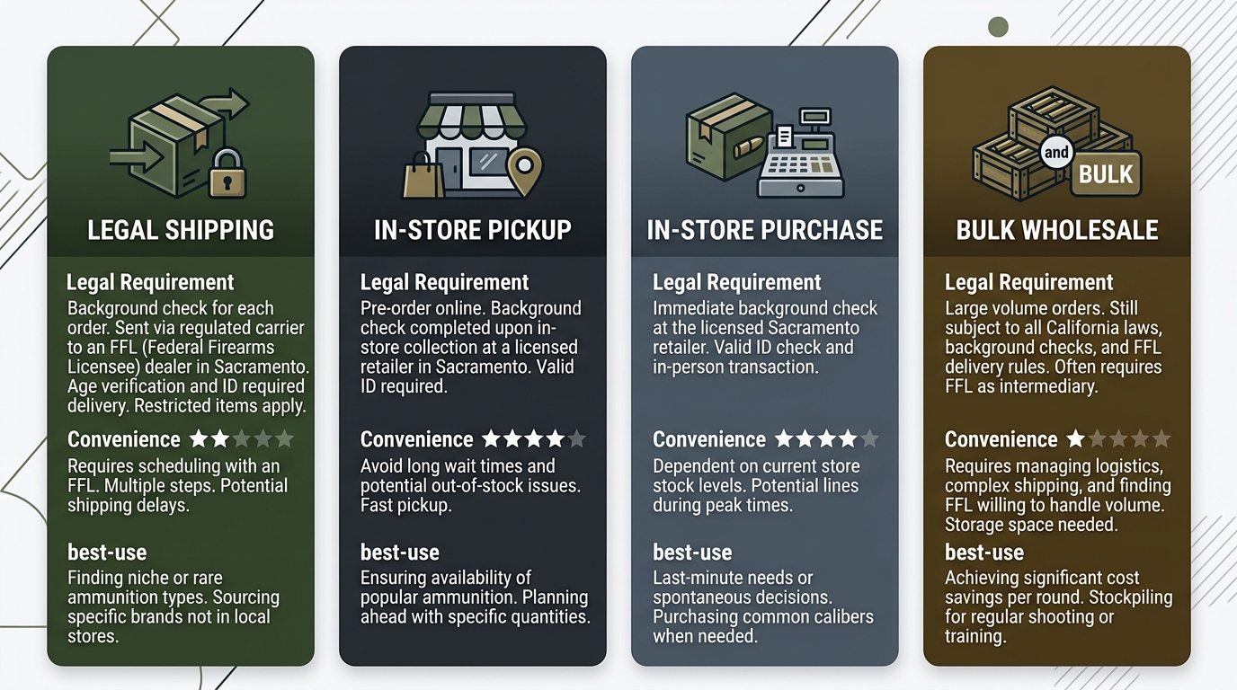 Comparison infographic of ammunition purchase methods in Sacramento