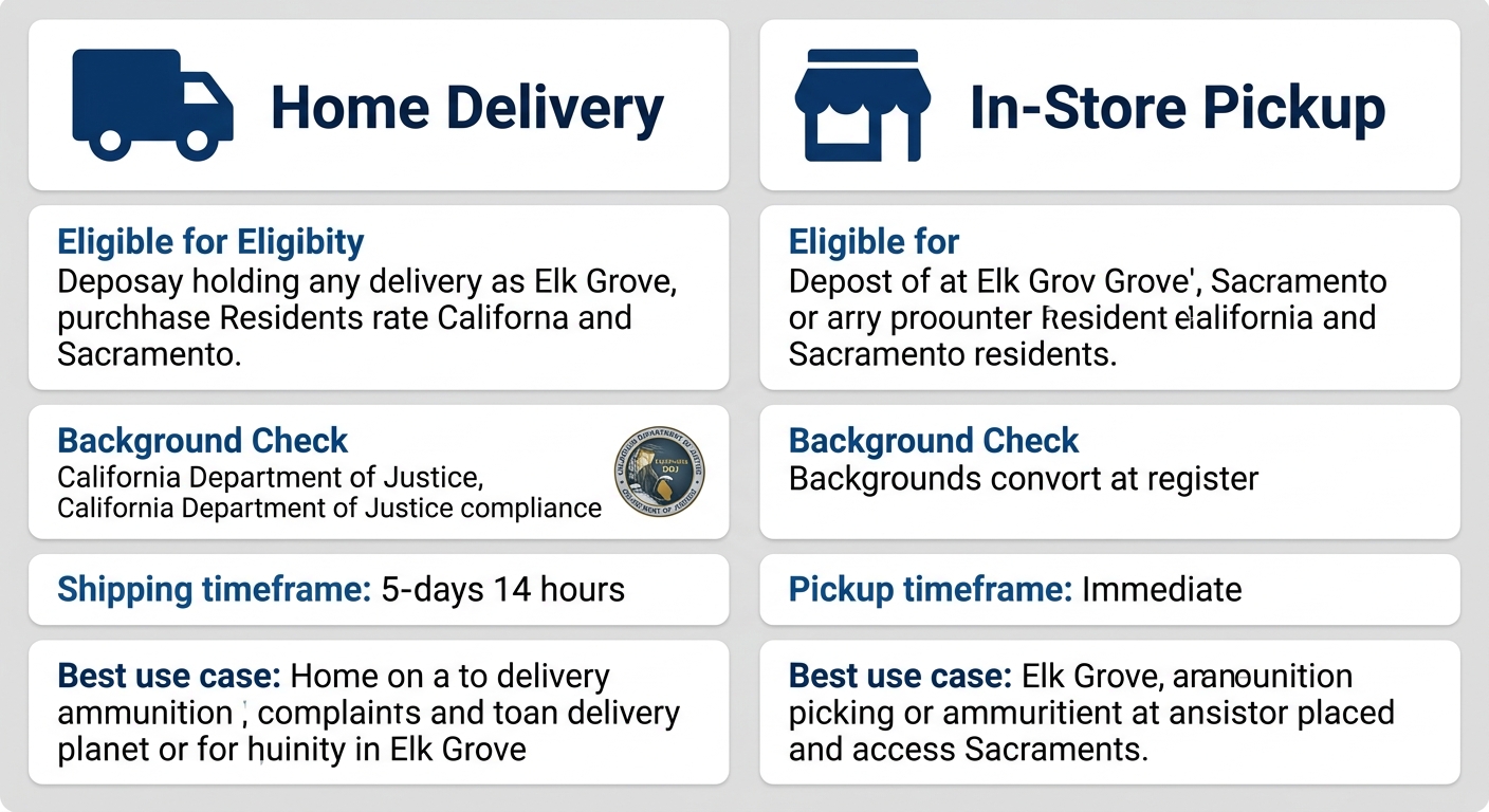 Infographic comparing home delivery and in-store pickup for ammunition purchases in Elk Grove and Sacramento Region