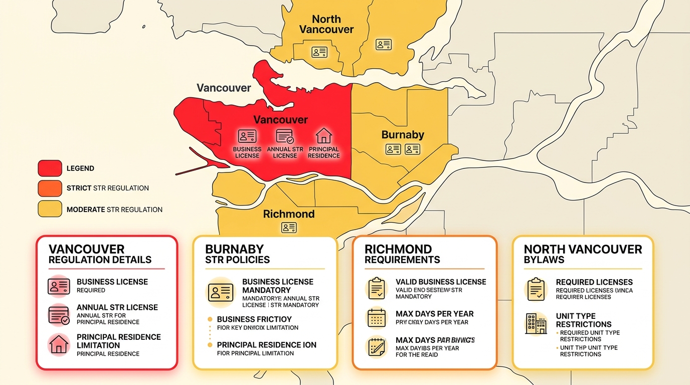 Color-coded infographic map of Metro Vancouver municipalities showing short-term rental regulation strictness levels with Vancouver highlighted in red and other cities in yellow.