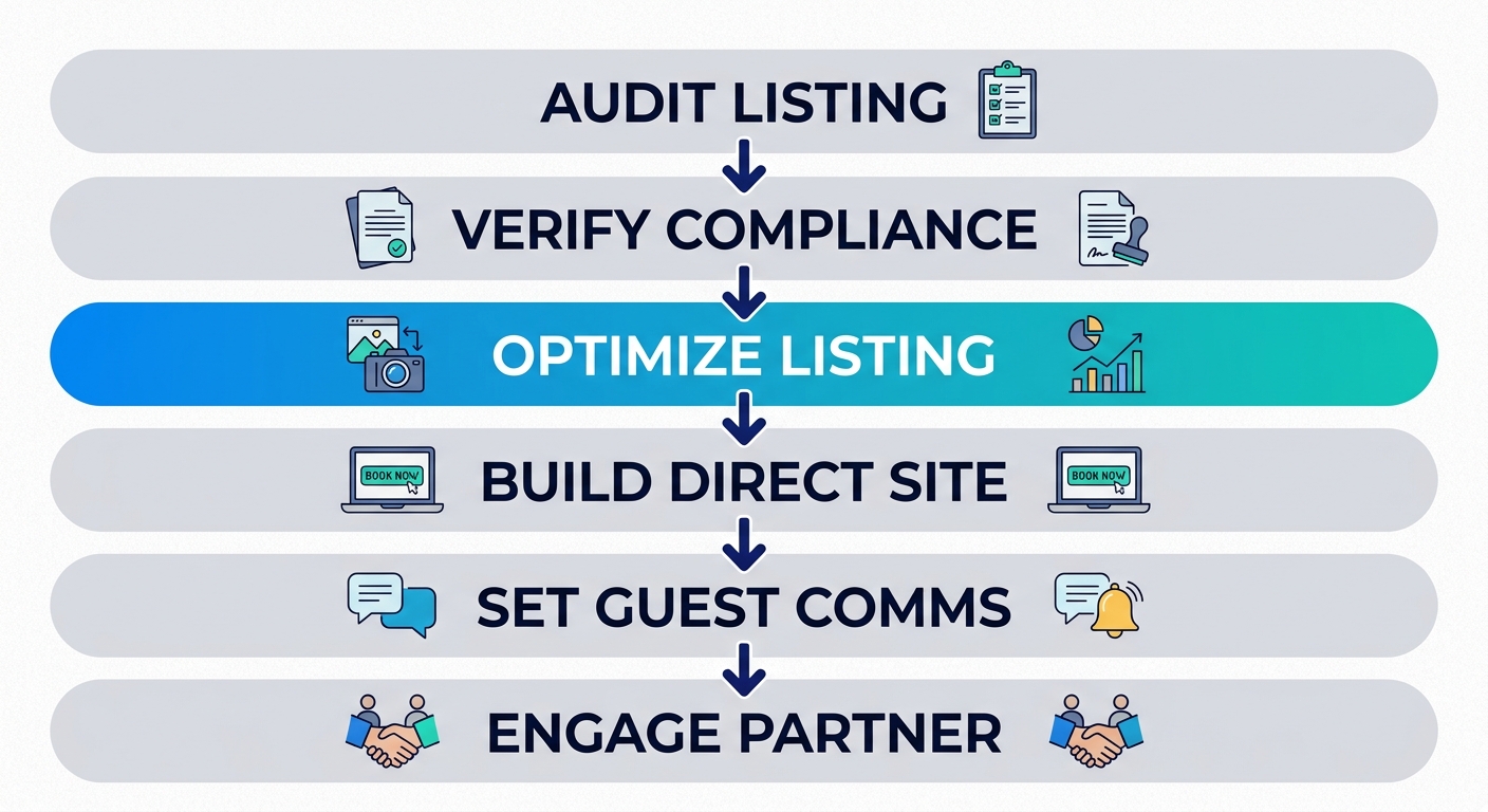 Vertical process flow for optimizing a Vancouver rental property with six steps: Audit listing, Verify compliance, Optimize listing, Build direct booking site, Set guest communication, Engage consulting partner.