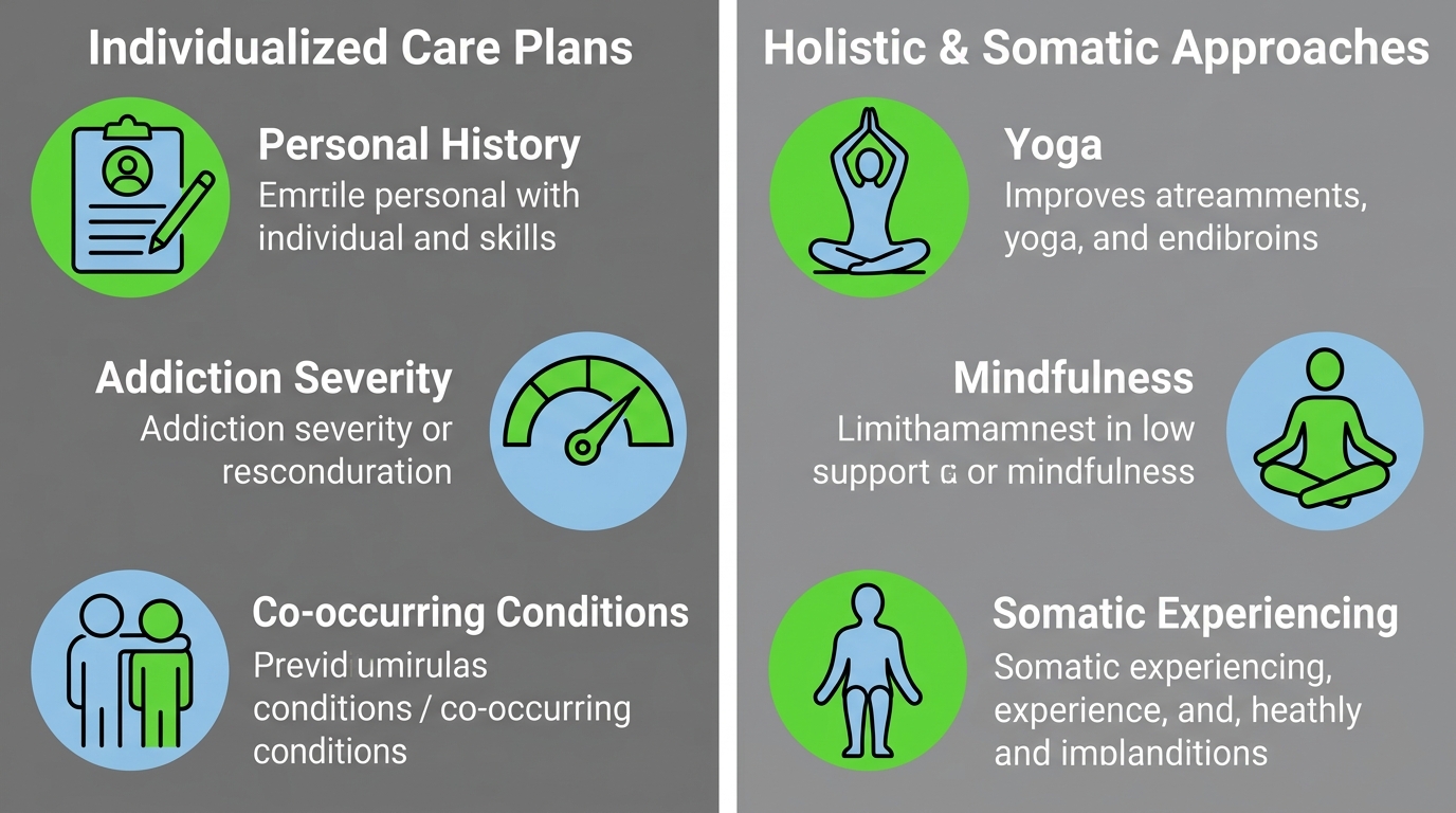 Infographic showing benefits of comprehensive alcohol rehab in Pennsylvania with two columns for Individualized Care Plans and Holistic & Somatic Approaches