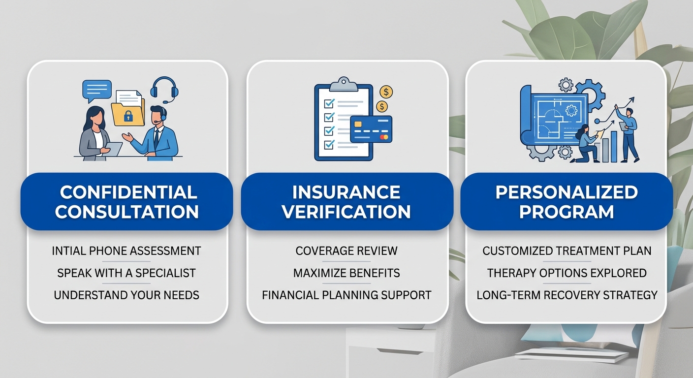 Three-step recovery journey process flow showing scheduling a confidential consultation, verifying insurance coverage, and beginning a personalized treatment program.