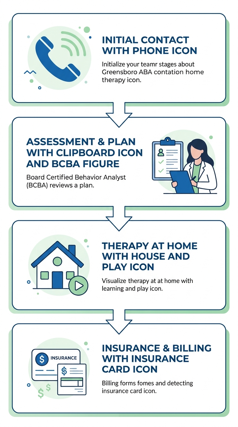 Vertical four-step process flow for starting ABA home therapy in Greensboro, showing initial contact, assessment, therapy, and billing stages