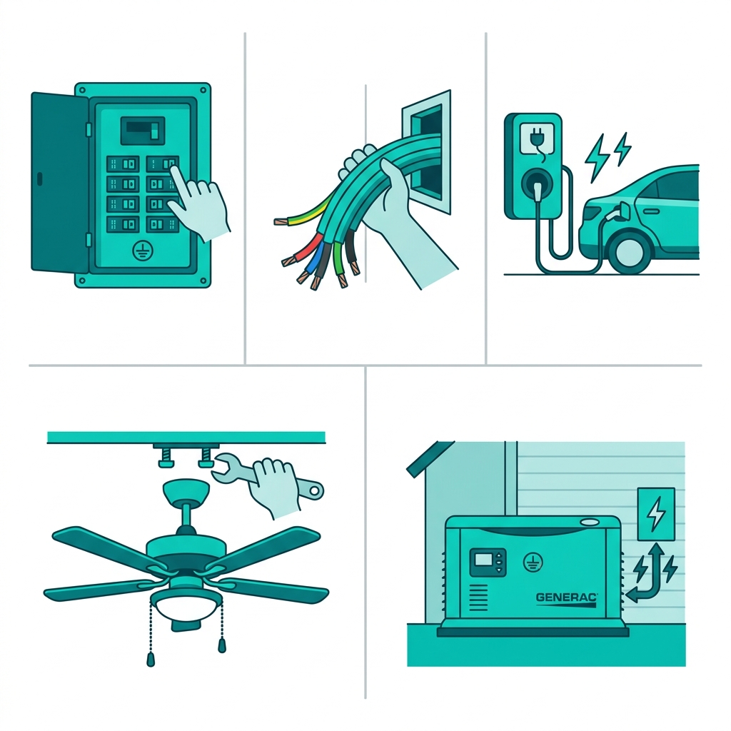Grid of icons for Palm Bay residential electrical services at Deltron Electric