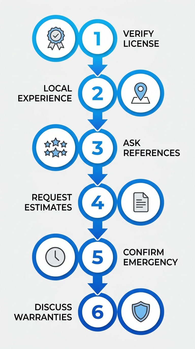 Six-step vertical process flow for hiring an electrician in Palm Bay with numbered circles and icons for verification