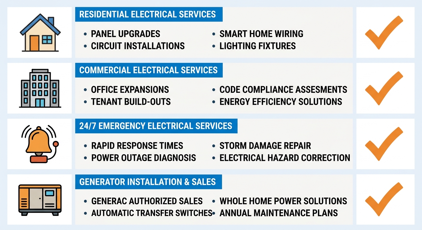 Four-row infographic comparing electrical service categories in Melbourne, Florida, with Deltron Electric's residential, commercial, emergency, and generator services listed.