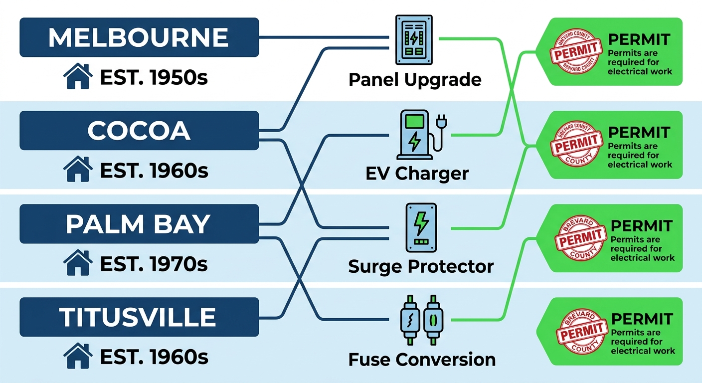 Infographic comparing electrical service needs across Melbourne, Cocoa, Palm Bay, and Titusville with upgrade icons and permit stamp