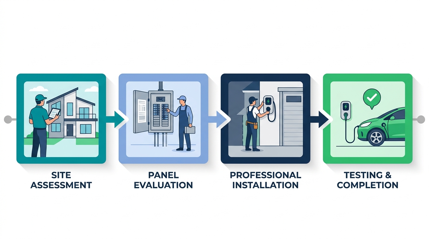 EV charger installation process diagram in four horizontal steps