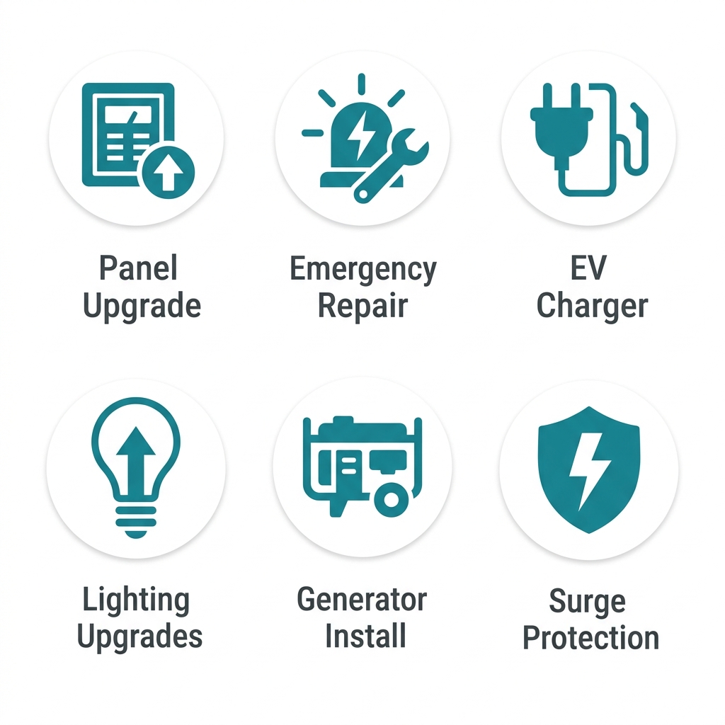 Six icons representing electrical services in Palm Bay: panel upgrade, emergency repair, EV charger, lighting upgrades, generator installation, and surge protection.