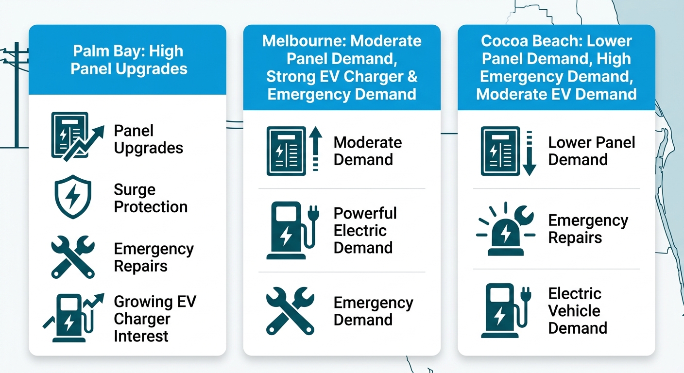 Infographic comparing electrical service needs in Palm Bay, Melbourne, and Cocoa Beach