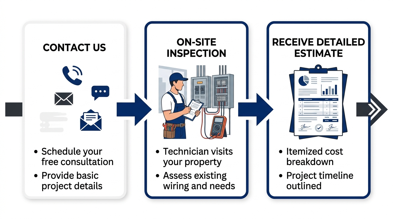 Three-step process for obtaining a free electrical estimate in Palm Bay, showing contact, on-site inspection, and detailed estimate steps.