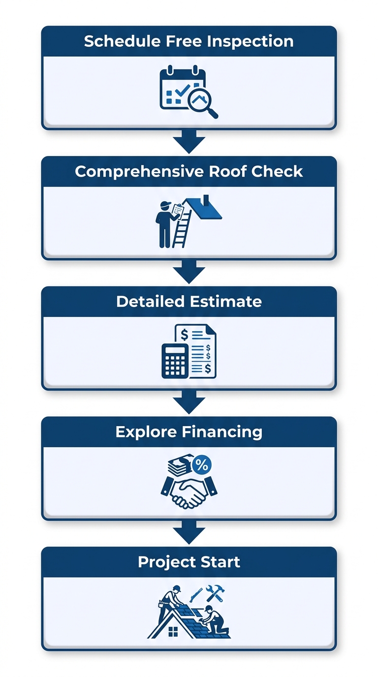 Vertical process flow diagram with five numbered steps for starting a roofing project in Indiana