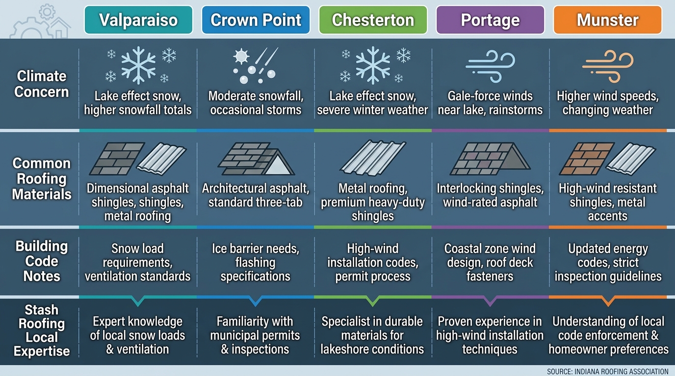 Infographic comparing roofing considerations across five Northwest Indiana cities including Valparaiso