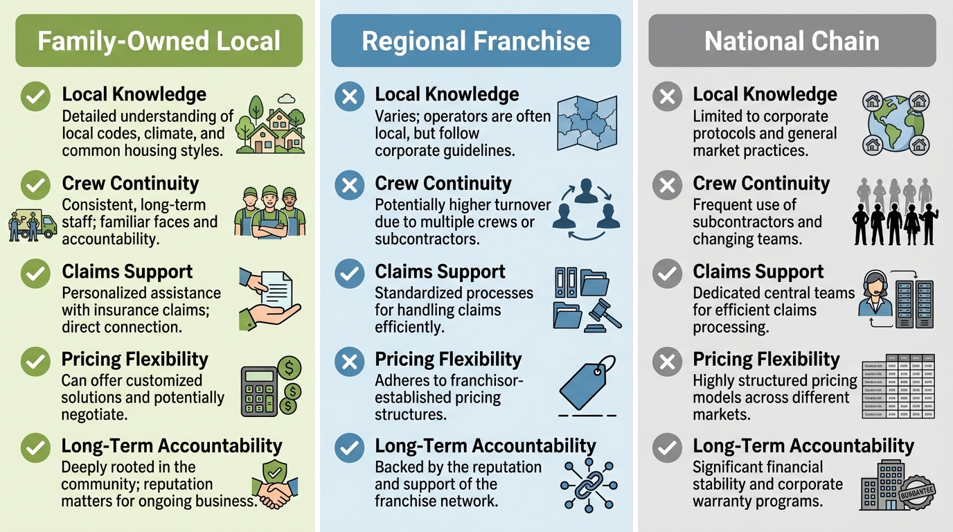 Three-column comparison infographic of Northwest Indiana roofing companies: Family-Owned Local vs Regional Franchise vs National Chain with attributes and color coding.