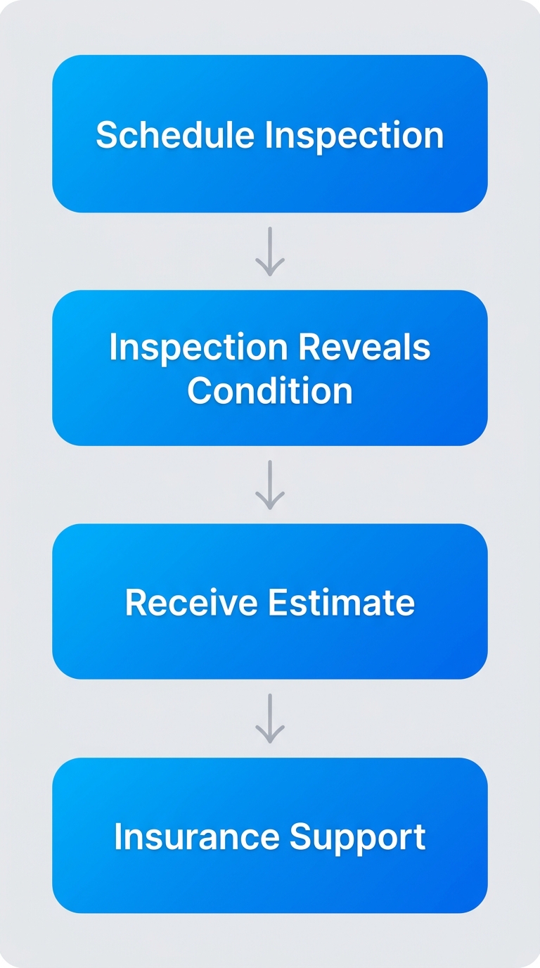 Four-step process for starting a roofing project with Stash Roofing: schedule free inspection, inspection reveals condition and hidden storm damage, receive no-obligation estimate, and get insurance claim support.