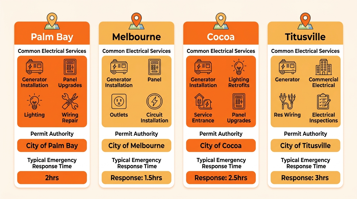 Side-by-side comparison infographic of Space Coast cities Palm Bay, Melbourne, Cocoa, Titusville with common electrical services, permit authorities, and emergency response times.