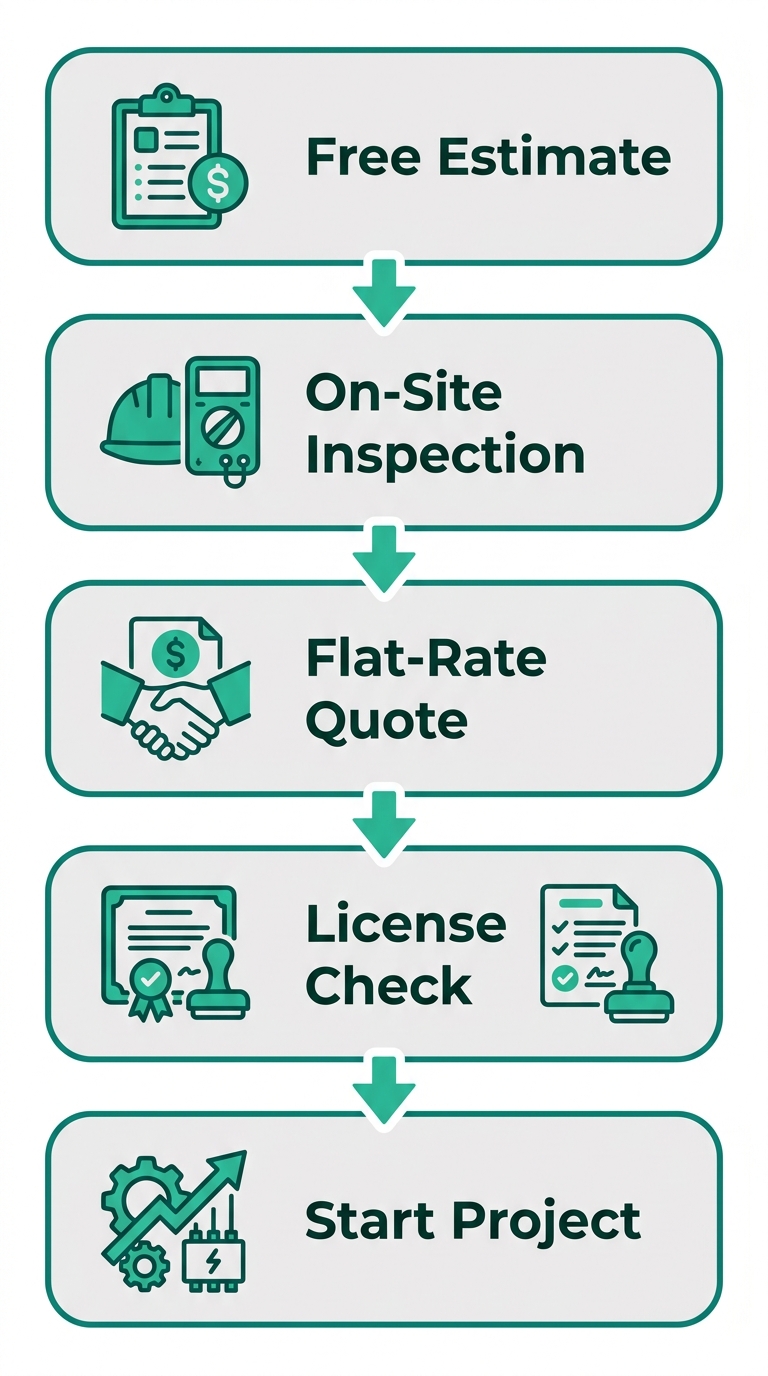 Five-step process flow for starting an electrical project in Palm Bay, from free estimate to project start