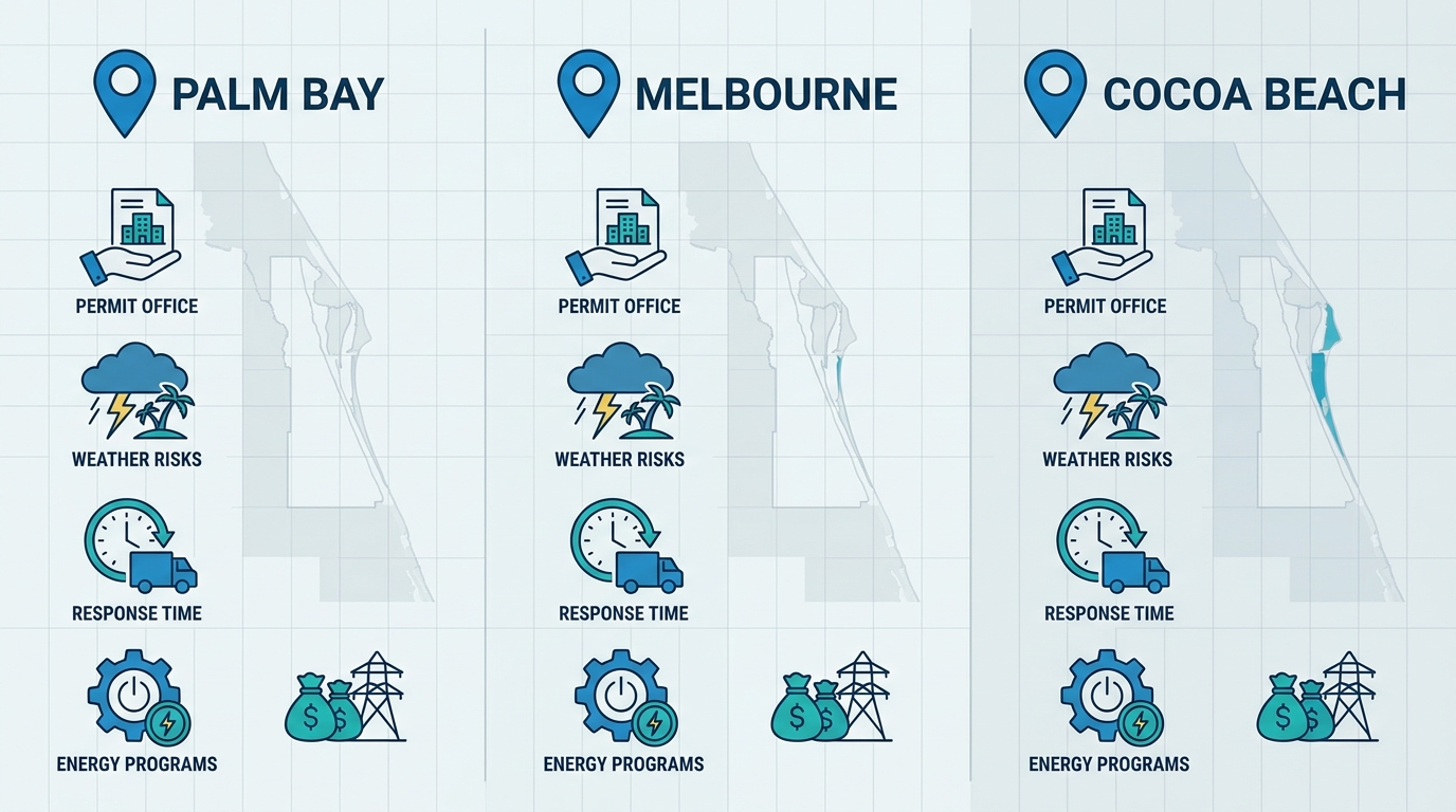 Regional comparison infographic showing electrical considerations for Palm Bay, Melbourne, and Cocoa Beach with icons for permit office, weather risks, response time, and energy programs on a light grid background with a subtle Brevard County map outline.