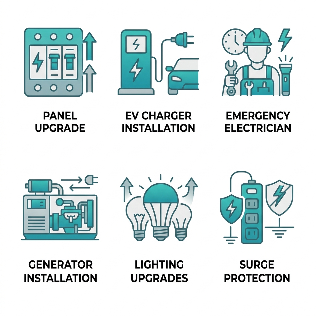 Core electrical services icon set from Deltron Electric panel upgrades EV charger installation emergency electrician generator installation lighting upgrades and surge protection displayed in a 2 by 3 grid