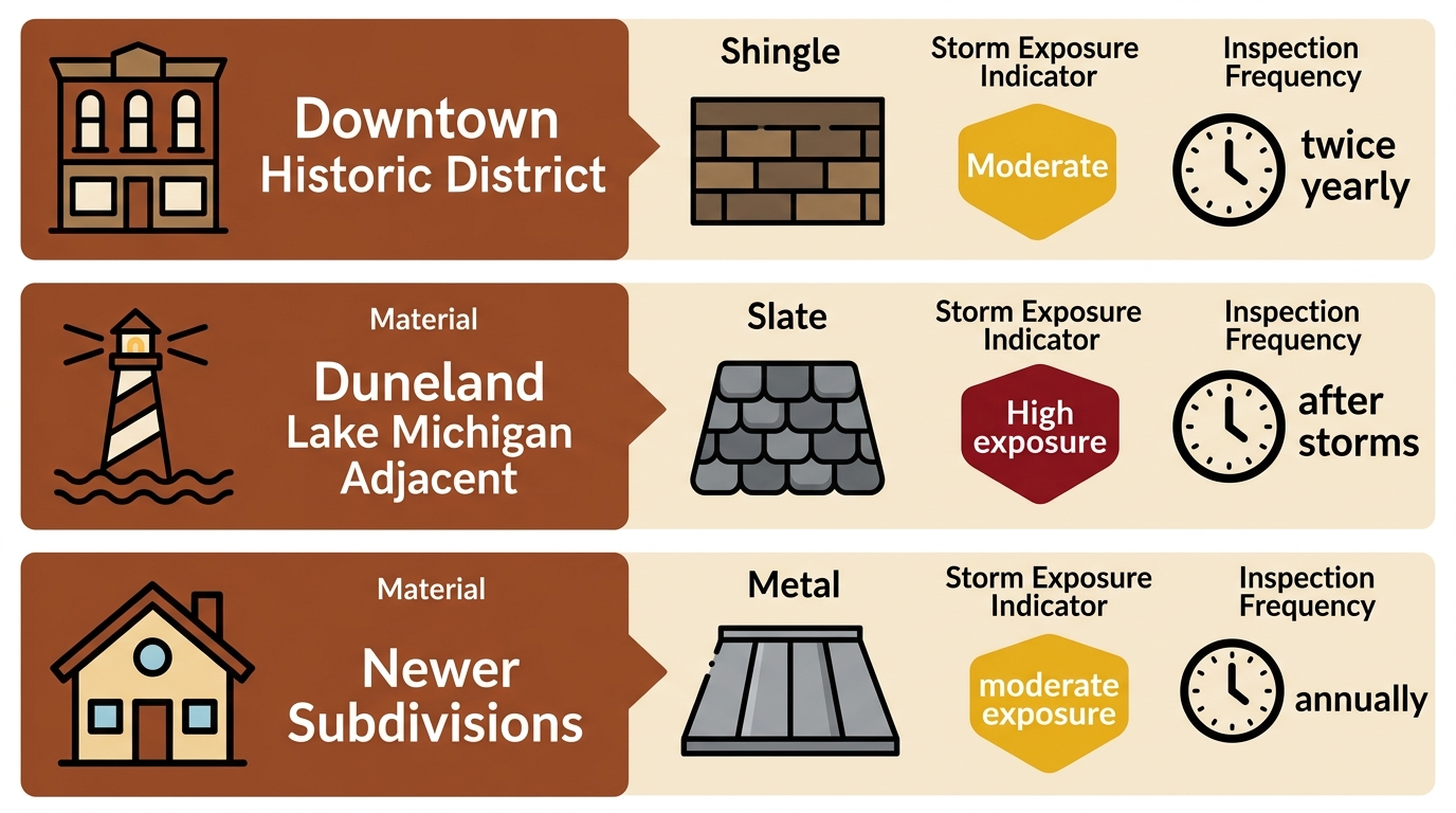 Infographic comparing roofing needs in Chesterton, Indiana across historic districts, lake-adjacent areas, and newer subdivisions