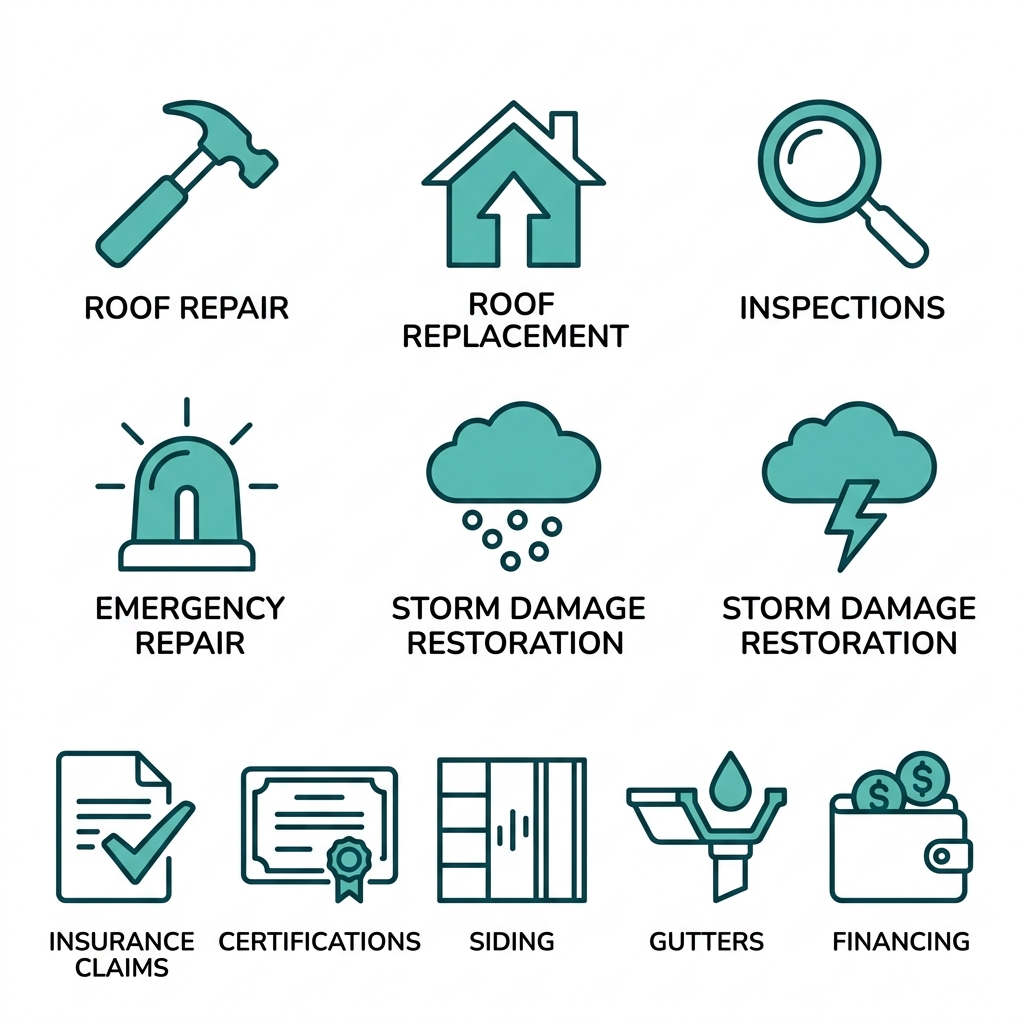 Set of 10 outline icons for roofing services including roof repair, replacement, inspections, emergency repair, storm damage restoration, insurance claims, certifications, siding, gutters, and financing, displayed in a grid of two rows of five on a white background