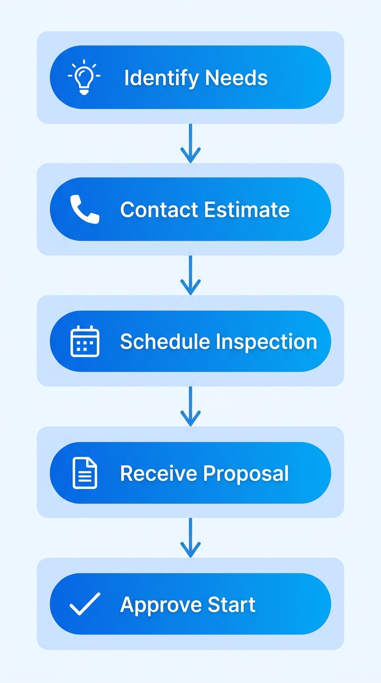 Vertical process flow showing five steps to start an electrical project with Deltron Electric in Melbourne, from identifying needs to project approval.
