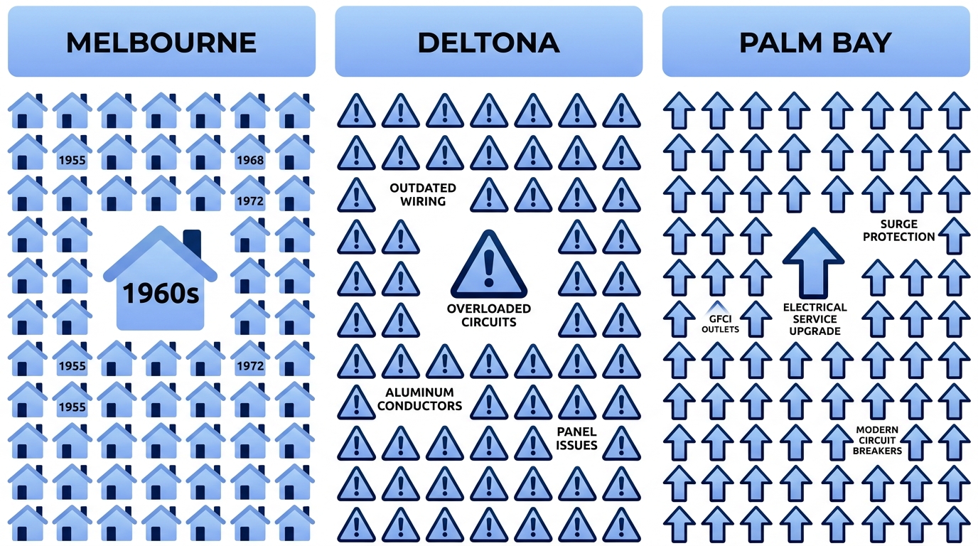Comparison infographic for Melbourne, Deltona, and Palm Bay neighborhoods showing city names, typical home age icons, common electrical issues icons, and recommended upgrades icons on a clean white background with a blue gradient header.