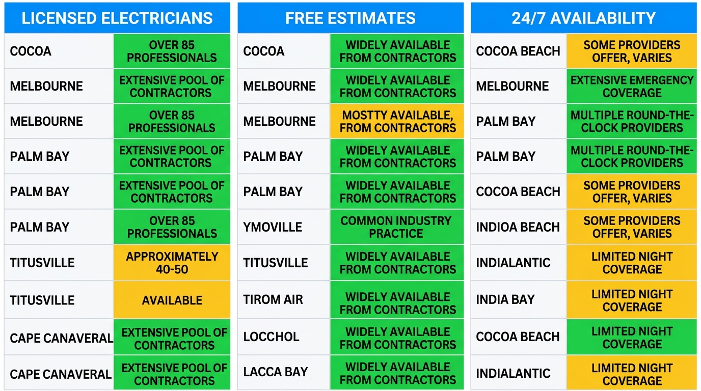 Side-by-side comparison matrix of Melbourne, Cocoa, and Deltona with color-coded availability tags for electricians, free estimates, and 24/7 service.