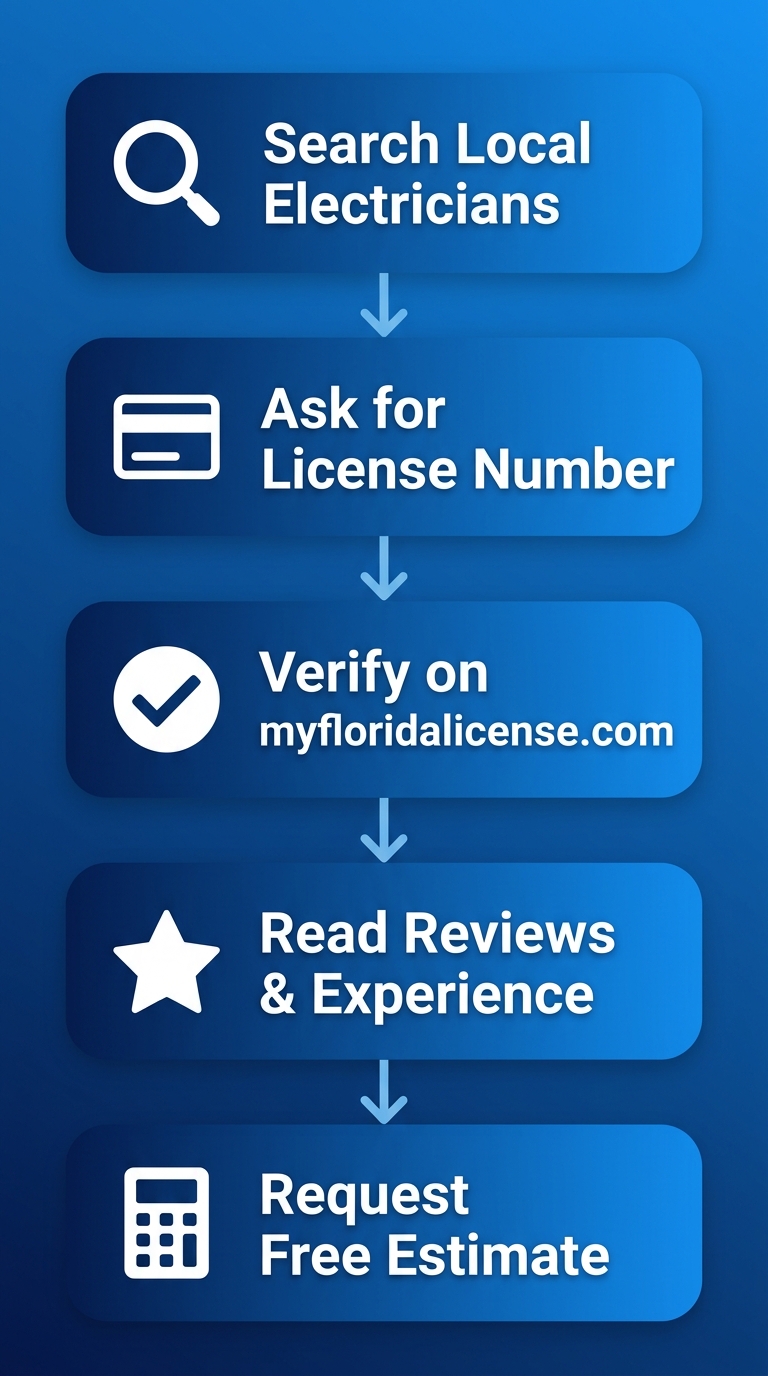 Vertical process flow diagram with five steps for finding a licensed electrician in Melbourne, Florida.
