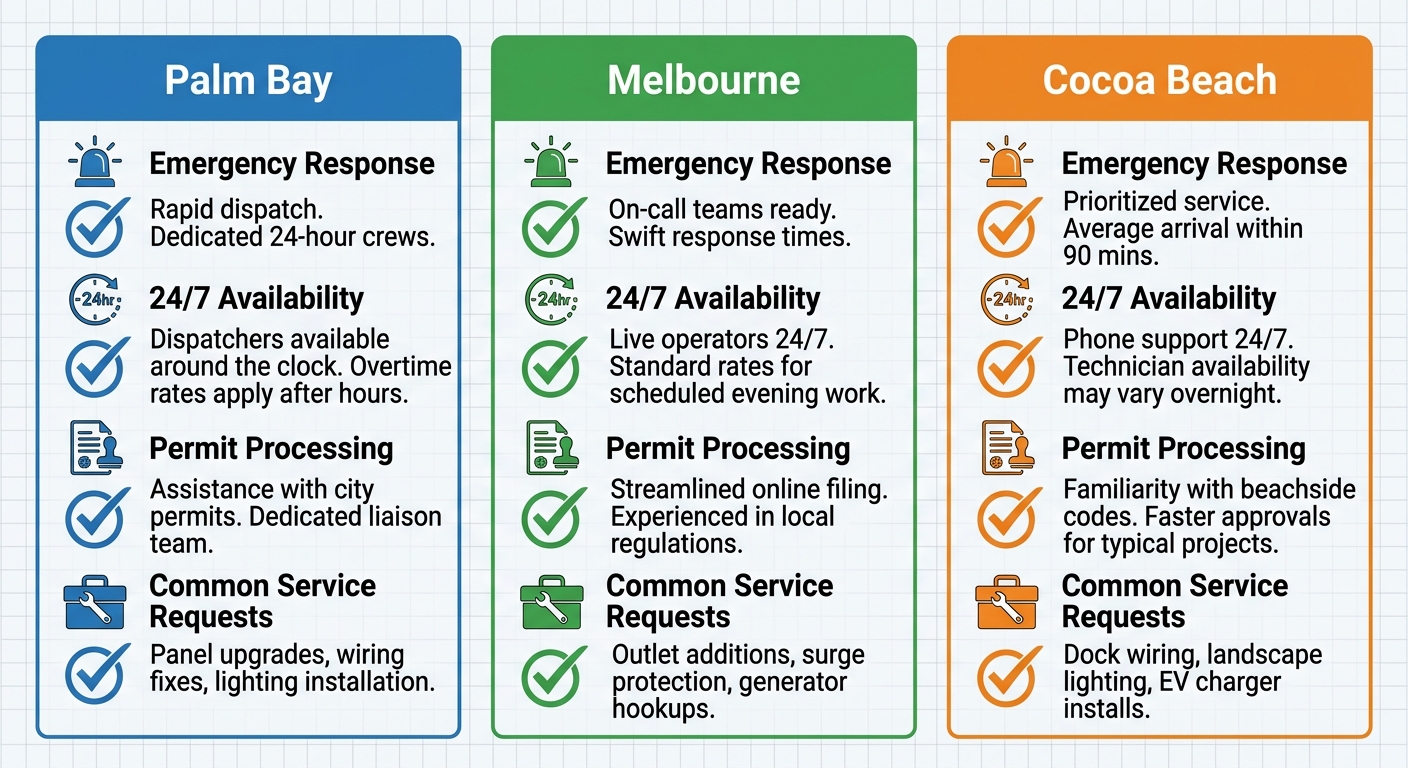 Infographic comparing electrical services in Palm Bay, Melbourne, and Cocoa Beach with service availability indicators.