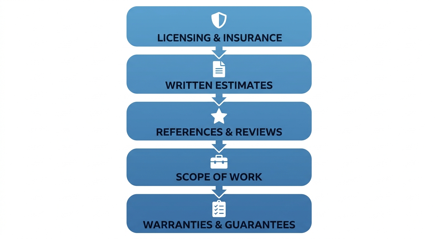 Vertical process flow diagram showing five steps to hire an electrician and secure your home
