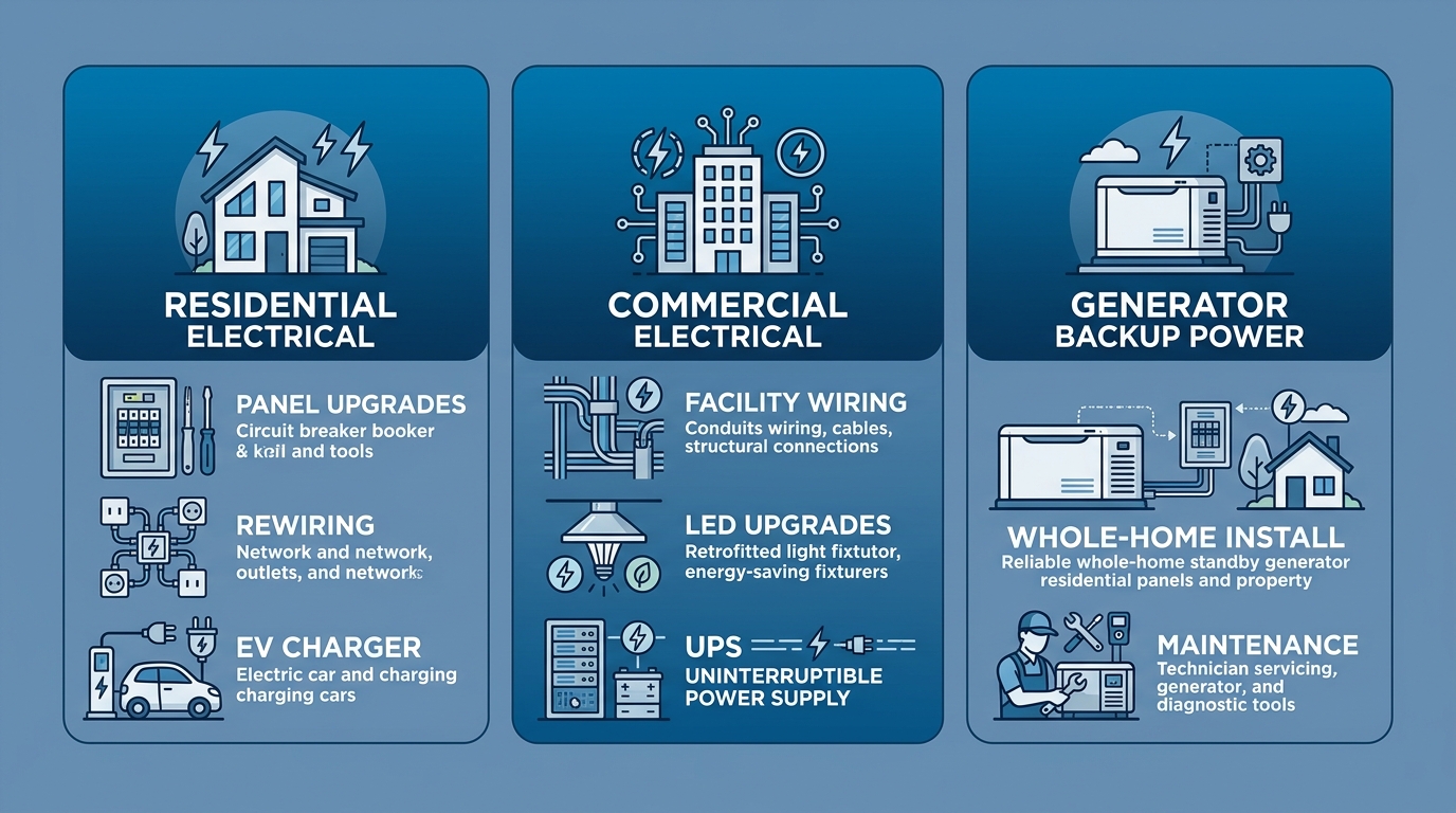 Infographic showing residential, commercial, and generator electrical services for Melbourne and the Space Coast
