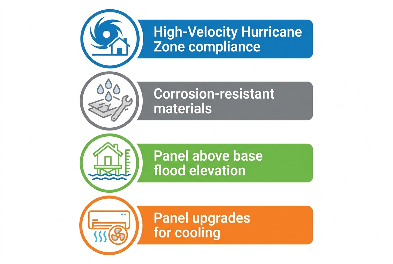 Infographic showcasing four key local factors affecting electrical work in Melbourne, Florida, including Hurricane Zone compliance, corrosion-resistant materials, flood elevation, and panel upgrades, with icons and minimal labels.