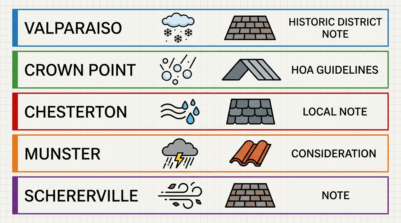Infographic comparing Northwest Indiana communities: Valparaiso, Crown Point, Chesterton, Munster, and Schererville, with weather icons and roofing material symbols.
