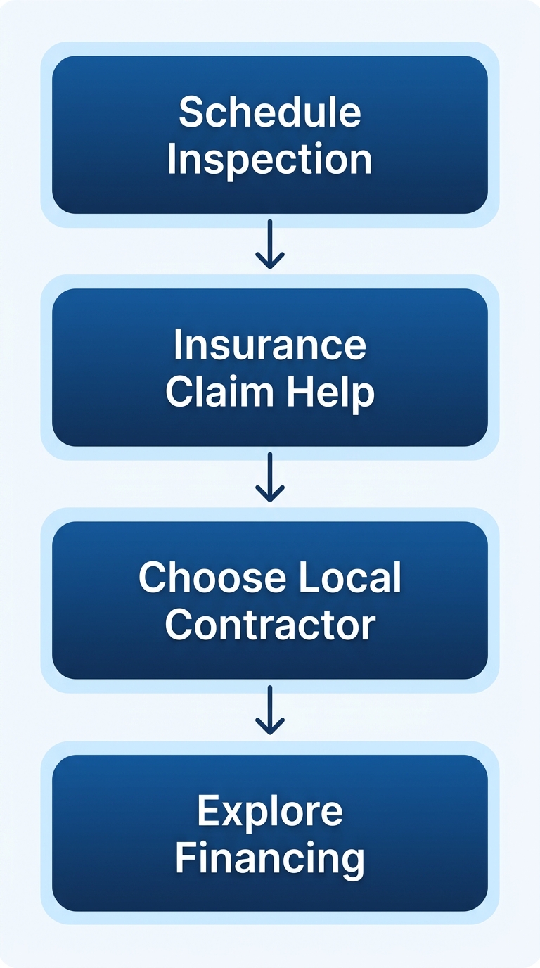 Step by step process for beginning a roofing project in Northwest Indiana, with four stages: schedule free inspection, insurance claim assistance, choose local contractor, and explore financing, connected by downward arrows