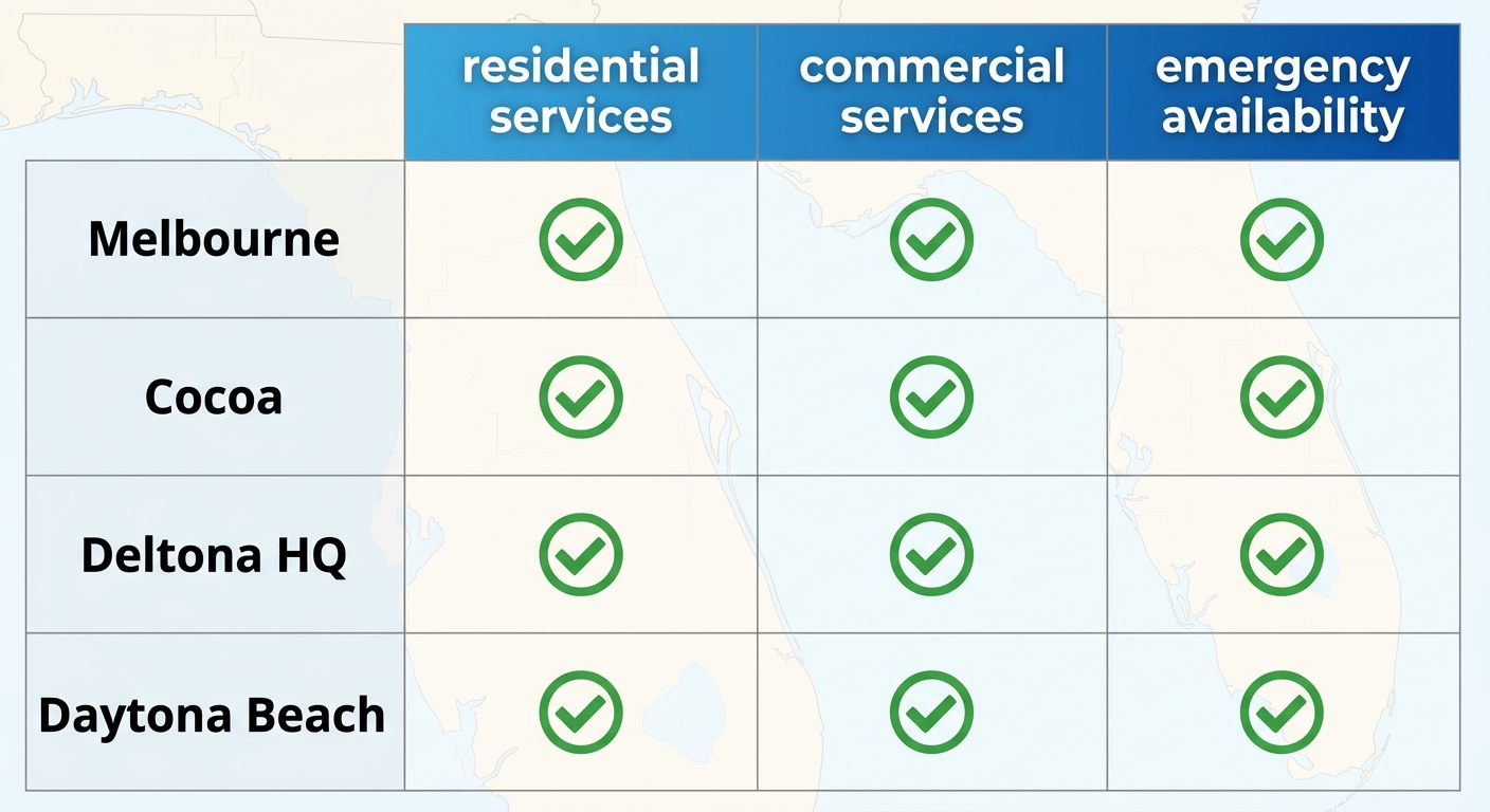 Comparison matrix of Deltron Electric services across Melbourne, Cocoa, Deltona HQ, and Daytona Beach with residential and commercial services and emergency availability checkmarks.
