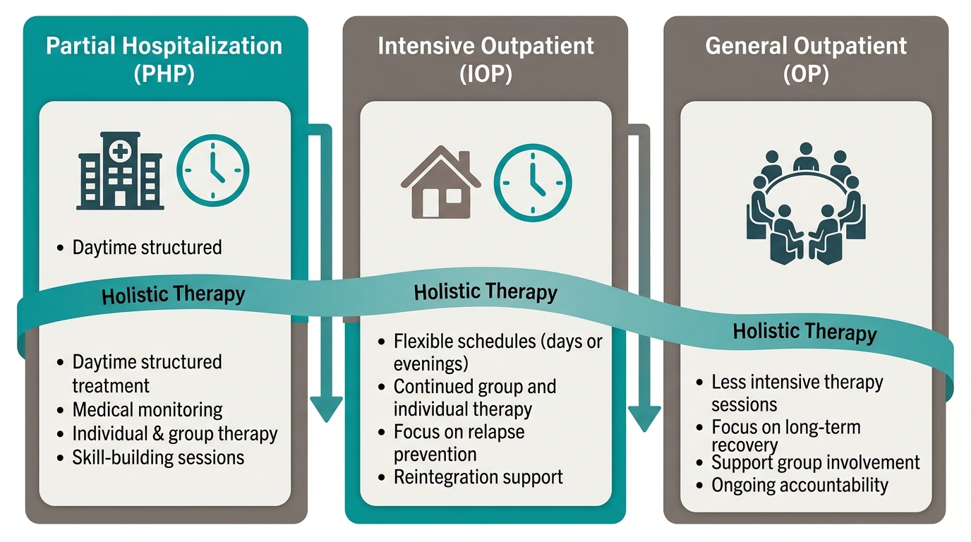 Step-down continuum of care at Rosewood Recovery from PHP to IOP to OP.