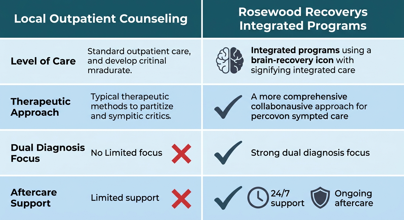 Side-by-side comparison infographic showing local outpatient counseling versus Rosewood Recovery integrated programs across four aspects: level of care, therapeutic approach, dual diagnosis focus, and aftercare support
