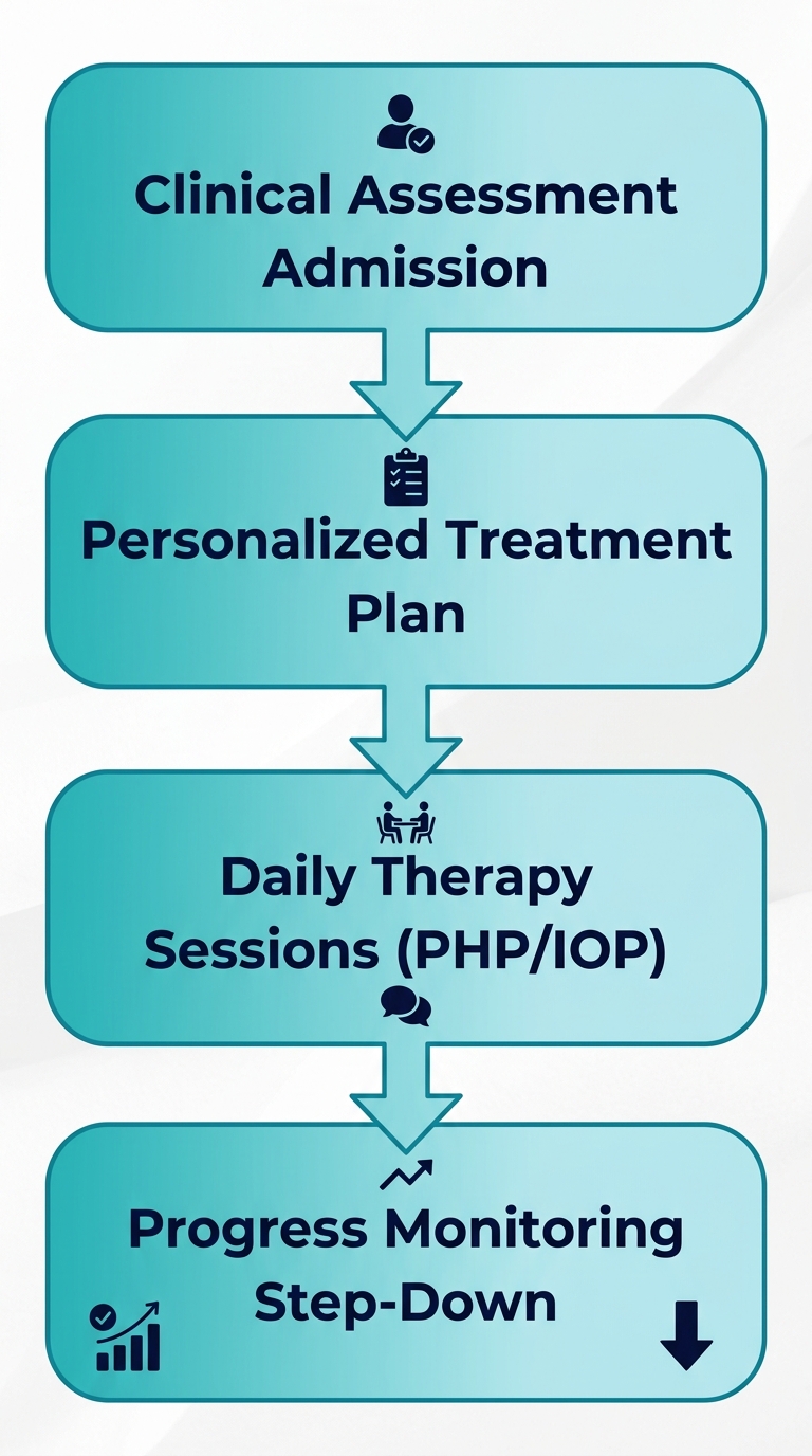 Vertical process flow for Rosewood Recovery's mental health treatment steps in Newtown, Pennsylvania, from clinical assessment to progress monitoring.