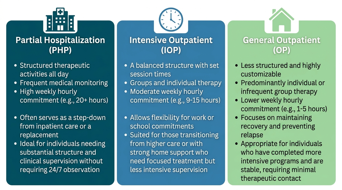 Comparison of three levels of addiction care at Rosewood Recovery: Partial Hospitalization Program, Intensive Outpatient Program, and General Outpatient Program