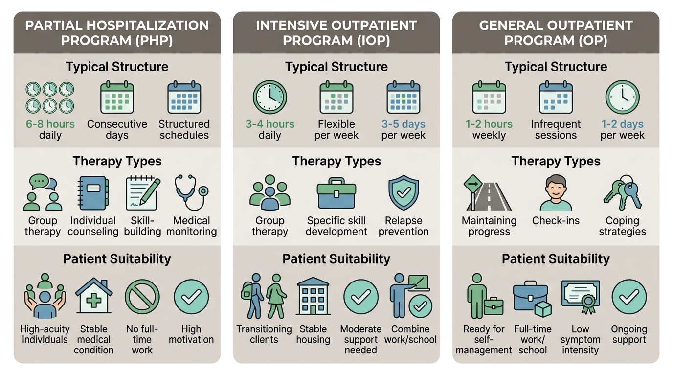 A clean infographic comparing three levels of outpatient care: Partial Hospitalization Program (PHP), Intensive Outpatient Program (IOP), and General Outpatient Program (OP) at Rosewood Recovery in Bucks County. Each card shows typical structure, therapy types, and patient suitability using icons.