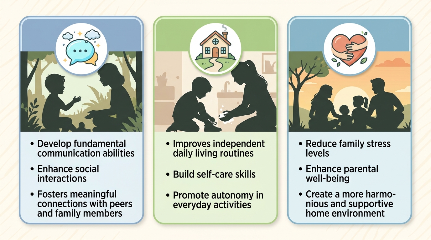 Infographic showing communication, daily living skills, and reduced family stress benefits of early ABA intervention