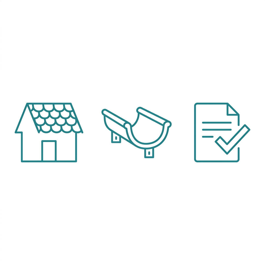 Icon set showing roof repair, gutter installation, and insurance claim assistance services