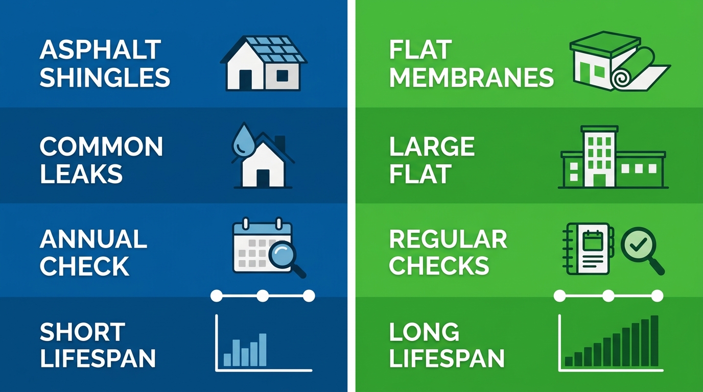 Split infographic comparing residential and commercial roofing in Chesterton with color-coded panels