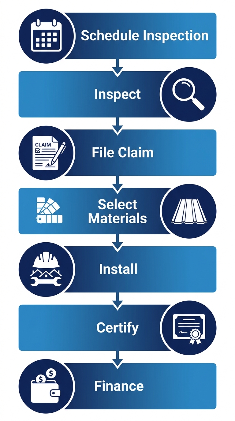 Seven-step roofing project process flow showing inspection through financing with icons and arrows